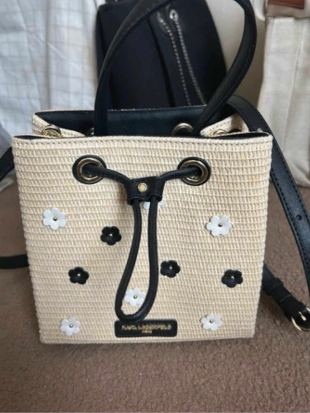 Karl Lagerfield Beige Floral Bucket Bag with Black Trim